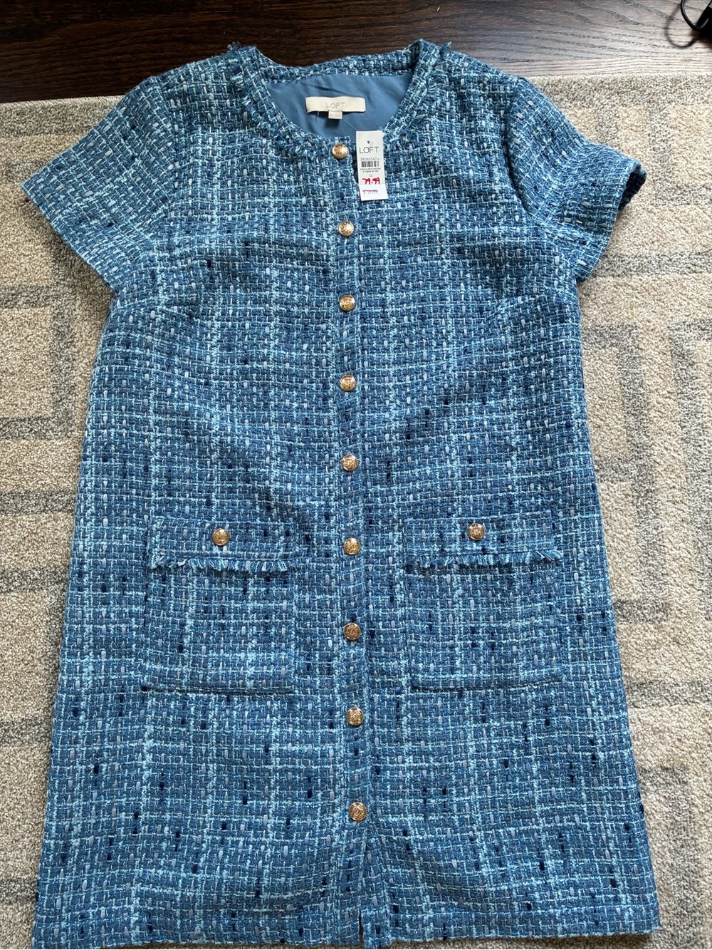 LOFT Blue Tweed Midi Shift Dress with Gold Buttons